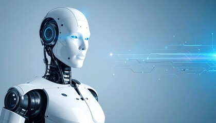 An advanced humanoid robot, showcasing futuristic design and technological sophistication, gazing thoughtfully with glowing eyes