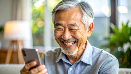 Delighted elderly Asian man experiencing joy and connection through his smartphone in his cozy home, smiling at the screen