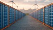 © Nitchalee N. - Supply chain for renewable energy, A row of shipping containers leads to wind turbines and mountains, showcasing a blend of industry and renewable energy.