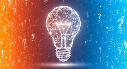 Glowing digital light bulb made of data points and lines with binary code background