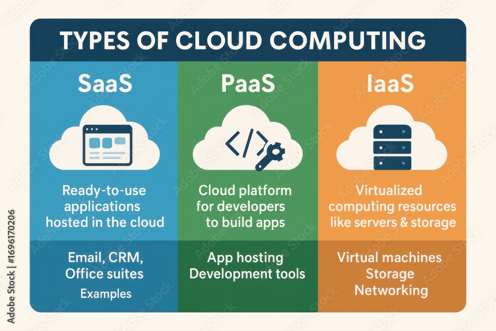 Types of Cloud Computing Infographic (SaaS, PaaS, IaaS) Stock ...