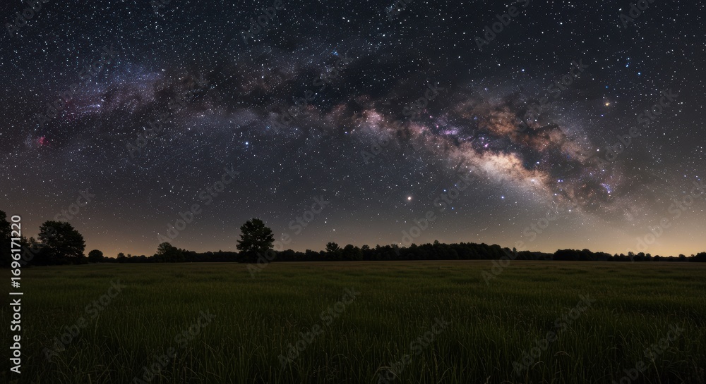 Vast panoramic view of the Milky Way galaxy arching over a dark, star ...