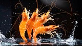 A vivid close-up reveals five cooked shrimp mid-motion, emerging from water with delicate droplets. Set against a dark backdrop, the vibrant orange crustaceans create a dynamic,