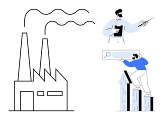 Wall Mural - Factory with smoke stacks, person presenting data with a pointer, another climbing bar charts viewing a search bar. Ideal for business growth, analysis, manufacturing, strategy, data, market