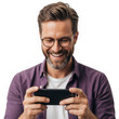 © Farjana - Bearded man wearing glasses happily playing a mobile game on his smartphone transparent background