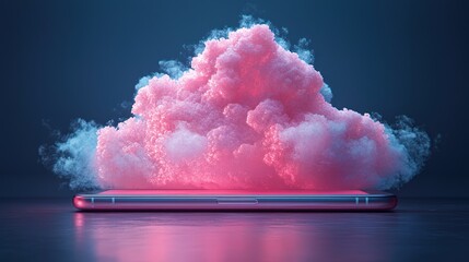 Pink cloud computing on phone; dark background; tech concept; website banner