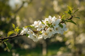 Wall Mural - Branch of apple tree adorned with white blooms. Springtime scenery. Landscape orientation.