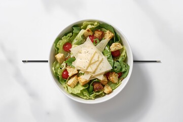 Wall Mural - a bowl filled with fresh, crunchy caesar salad isolated on a plain background from a top-down view