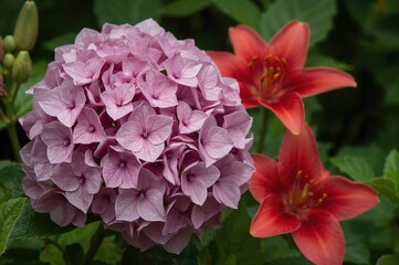 Wall Mural - Cluster of pink Hydrangea next to a red lily surrounded by green foliage
