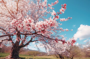 Wall Mural - Flowering almond branches in full bloom. Charming and romantic backdrop
