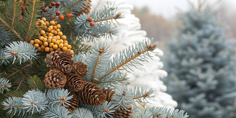 christmas tree branches with pine cones, dried flowers, and berries creating natural rustic holiday 