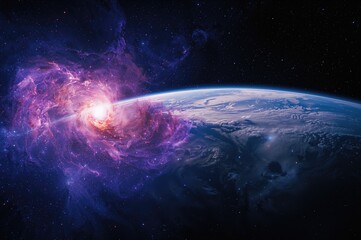 Wall Mural - a panoramic space scene showing the galaxy, the sun, and a planet with a sunrise view