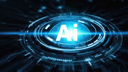 This graphic illustrates artificial intelligence represented by a glowing symbol surrounded by a dynamic digital light pattern. Perfect for technology and innovation concepts.