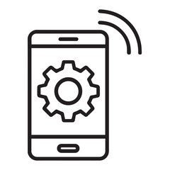 A simple line drawing of a smartphone displaying a gear icon, with curved lines indicating a wireless signal emanating from it.