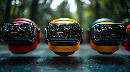 Colorful VR headsets reflecting nature