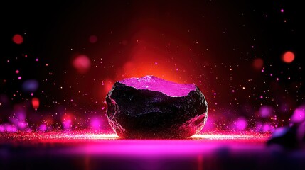 Wall Mural -   A large rock atop a purple floor with a red and pink light on a black backdrop