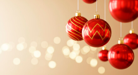 Composition of shiny red Christmas ornaments with golden patterns hanging on a sparkling bokeh background.