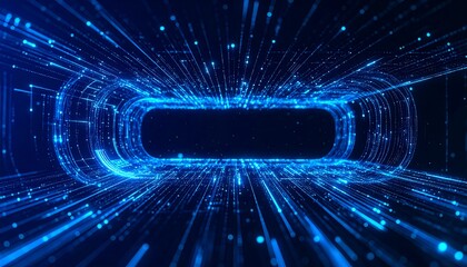 Wall Mural - Digital tunnel with a futuristic, abstract vibe.  Lines of light converge towards a central dark space within a stylized, rectangular structure, suggesting data flow or a virtual gateway. 