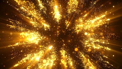An eye-level view displays a burst of glittering golden particles exploding outward from a central point. Rays of light emanate, forming a bright, captivating display