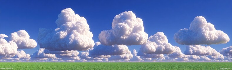 Wall Mural - Blue sky filled with fluffy white clouds hangs over a green grassy field, creating a serene and expansive atmosphere