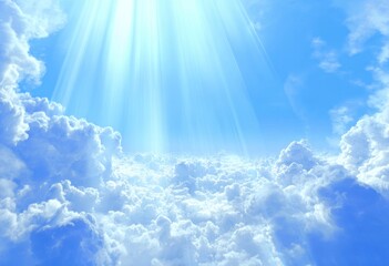 Wall Mural - A serene view of white clouds fills the frame, illuminated from above by vibrant sun rays piercing through the bright blue sky