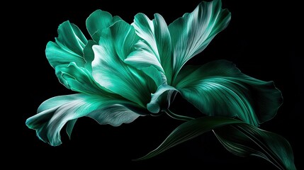 Wall Mural -   A close-up of a green flower on a black background with a white flower in the center