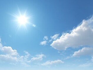 azure sky punctuated by radiant sun and scattered cottony clouds, creating serene, airy atmosphere i