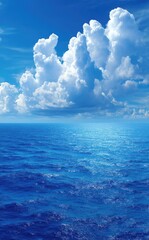 Wall Mural - A vibrant blue ocean ripples beneath a bright, cloudy sky, reflecting sunlight. Vertical composition evoking vastness and tranquility