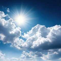 Wall Mural - Expansive blue sky with fluffy cumulus clouds clustered below a radiant sunburst shining brightly in the upper corner of the frame