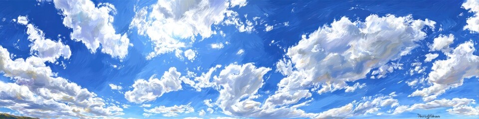 Wall Mural - Scenic cloudscape of fluffy white clouds contrasted against a vibrant, clear blue sky, captured with a wide panoramic view, invoking open-air vastness