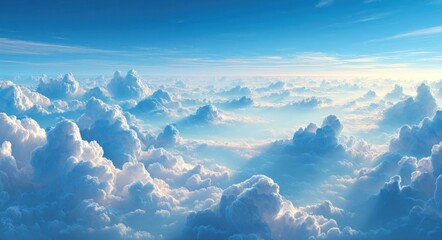 Wall Mural - Expansive vista of fluffy white cumulus clouds against a bright blue sky, illuminated by soft sunlight. An aerial perspective and serene mood