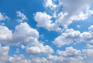 Wall Mural - A vast expanse of clear blue sky is punctuated by fluffy, white cumulus clouds, bathed in sunshine, creating a peaceful, airy ambiance