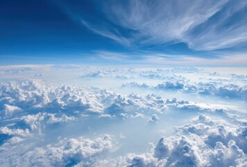 Wall Mural - High-angle shot shows clouds bathed in soft light, stretching towards a bright blue sky streaked with delicate, feathery cirrus formations