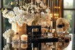 © muqadas - A sophisticated beauty display on a polished surface featuring elegant arrangements, enhanced by stylish decor elements and warm lighting, captured in