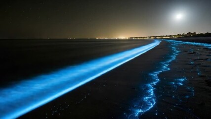 Ethereal Blue Tide Bioluminescence Illuminates a Sandy Shore Under the Moon and Stars.