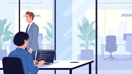 Vector illustration of a software developer coding on a laptop in a modern, open-plan office with a manager in the background