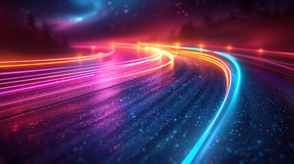 Wall Mural - Neon-lit winding road at night with vibrant streaks of light.