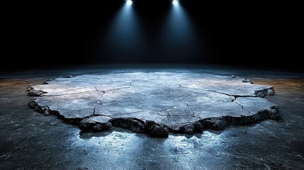 Wall Mural -   In a dark room, a circle of ice glistens beneath three spotlights on its top Ice flakes carpet the floor around it