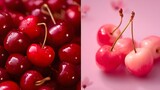Split image of deep red cherries and light pink cherries with stems cherry fruit