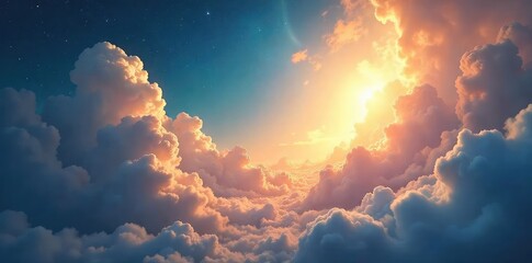 Wall Mural - A majestic, ethereal sky filled with swirling clouds and radiant light, suggesting a divine presence Perfect for concepts of divinity, spirituality, and the cosmos , omnipotent, energy