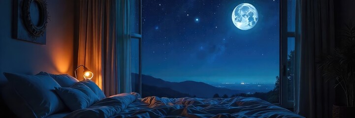 Wall Mural - Dark, starlit night sky visible through a bedroom's open window, moonlight illuminating a portion of the ceiling Perfect for relaxation, sleep, dreams, and celestial themes , window, night
