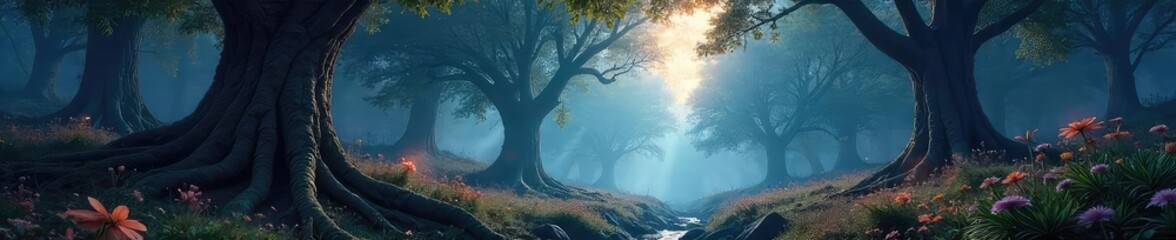 Wall Mural - Enigmatic forest bathed in ethereal light, ancient trees reaching towards a mystical sky, glowing flora hinting at hidden magic A scene of serene otherworldly beauty , secret, fairytale