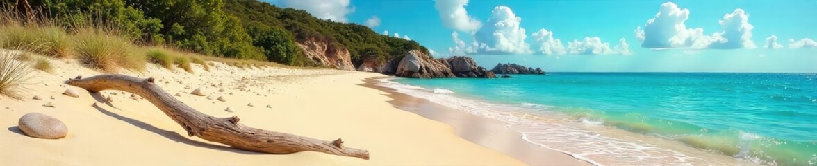 Wall Mural - Golden sand meets turquoise water on a pristine, untouched natural beach Sea shells, driftwood, and untouched dunes create a tranquil scene Perfect for travel and nature themes , escape, golden