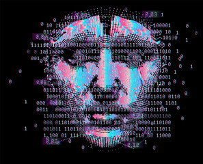 Glitch-art vector style, digital face composed of binary code, dots, and glitchy pink, blue, white hues on a black background. Theme: artificial intelligence, data, coding, technology.