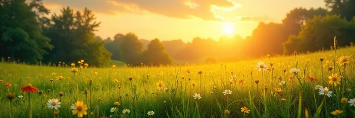 Wall Mural - Serene landscape of a sun-drenched meadow, bathed in golden light, evoking a sense of spiritual peace and tranquility Perfect for concepts of divinity, nature, and serenity , picturesque, nature