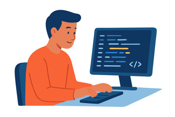 Programmer working on computer, coding on screen with lines of code and syntax highlighting