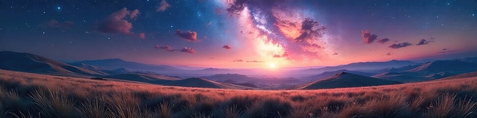 Wall Mural - Vast, ethereal fields stretching towards a breathtaking celestial expanse Starlight illuminates rolling hills and distant galaxies, a serene and otherworldly landscape , clouds, divine