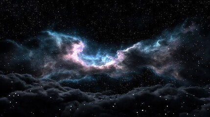 Wall Mural -   An image of a cosmic scene featuring stars and cloud formations in the foreground and a brilliant blue celestial body at its center