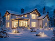 © Blue Berry Craft - Evening winter scene of a modern house illuminated with christmas lights and snow
