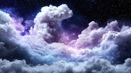 Wall Mural -   A sky brimming with numerous white clouds beneath a starry night sky In the foreground lies the silhouette of a full moon